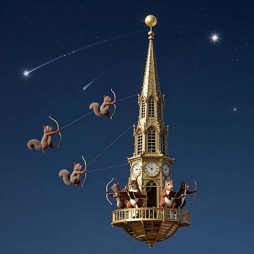 Digital artwork: Clock tower with golden spire and four flying squirrels, each holding a string, against a starry night sky.