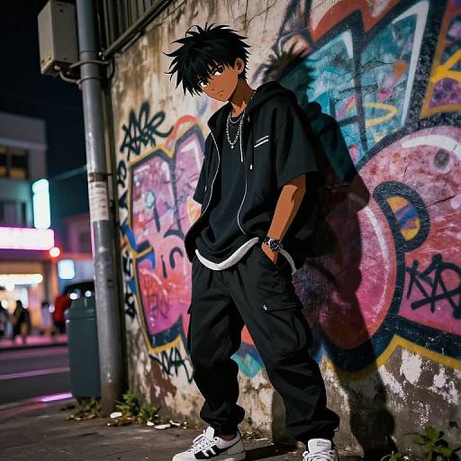 Nighttime street photograph of a young, dark-haired man in black hoodie and pants, leaning against graffiti-covered wall, urban neon lights in background.