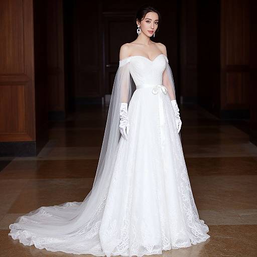 Photograph of a fair-skinned, dark-haired woman in an off-shoulder, white lace wedding dress with a long veil and gloves, standing