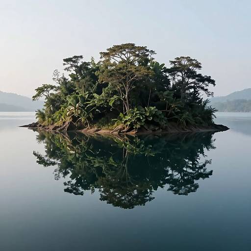 Photograph of a small, lush, tree-covered island floating on a calm, reflective lake with distant misty mountains in the background.