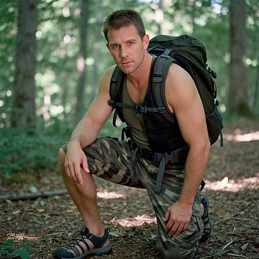 Photograph of a muscular, Caucasian man with short brown hair, wearing a black tank top, camouflage cargo shorts, hiking boots, and a large black