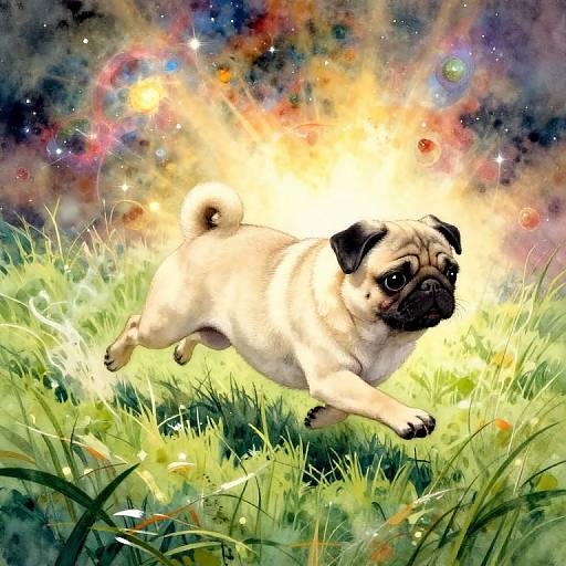 Digital art: Tan pug with black ears and snout, running through vibrant, glowing grass, surrounded by colorful cosmic sparkles and stars.