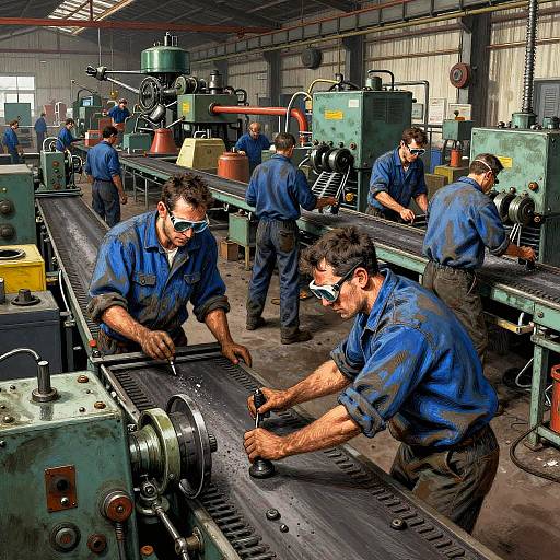 Photograph of six male workers in blue shirts and black pants, operating industrial machinery in a dimly lit factory, focused on assembly tasks.