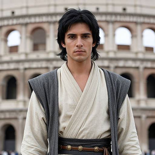 Photograph of a young man with dark hair, wearing a white robe and gray vest, standing in front of the Colosseum.