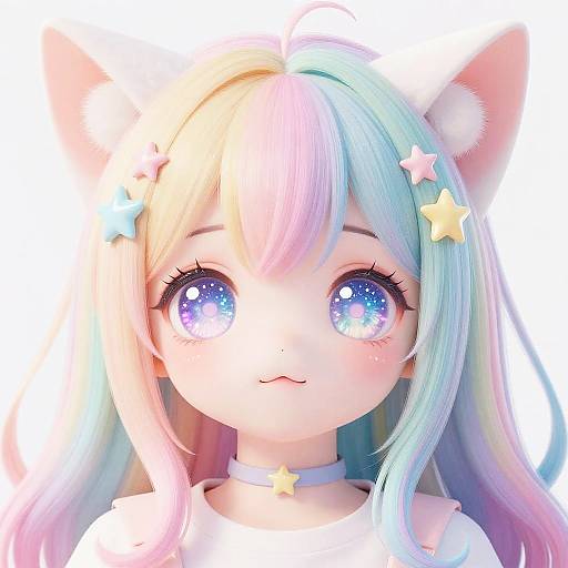 Kawaii Catgirl with Pastel Rainbow Hair