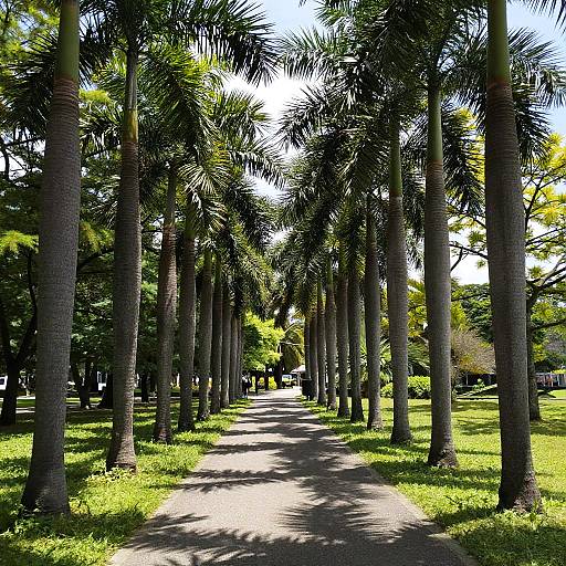 Photograph of a sunlit pathway lined with tall, lush palm trees, casting shadows on the grassy ground, with a bright blue sky peeking