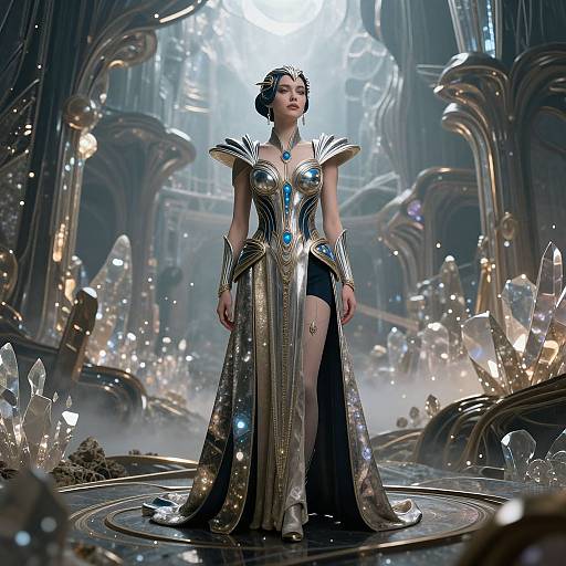 Digital artwork of a regal woman in a metallic, blue-embellished gown, standing in a futuristic, crystalline hall with glowing light reflections