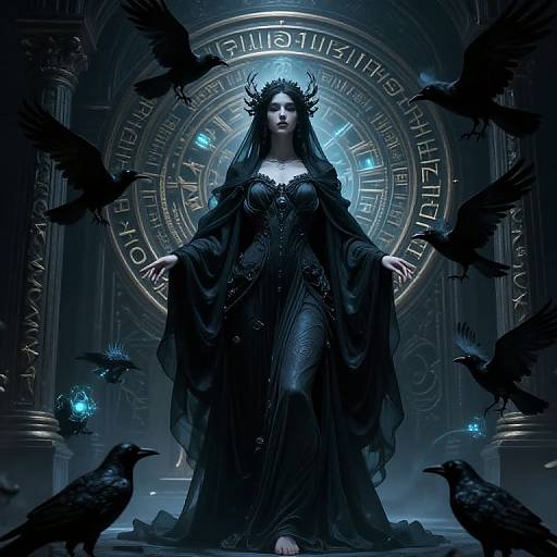Digital artwork of a dark-haired, crowned woman in a black, ornate dress, surrounded by black crows, standing before a glowing, circular,