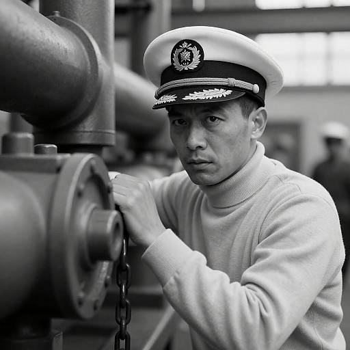 Intense Naval Officer in Industrial Setting