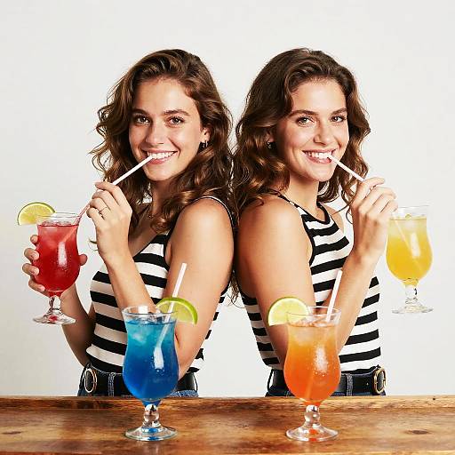 Photograph of two smiling, curly-haired women in black-and-white striped tops, sipping colorful drinks (red, blue, orange) at a wooden