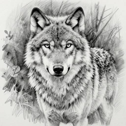 Ink drawing of a detailed, realistic gray wolf with intense eyes, standing in grass, using black and white shading techniques.