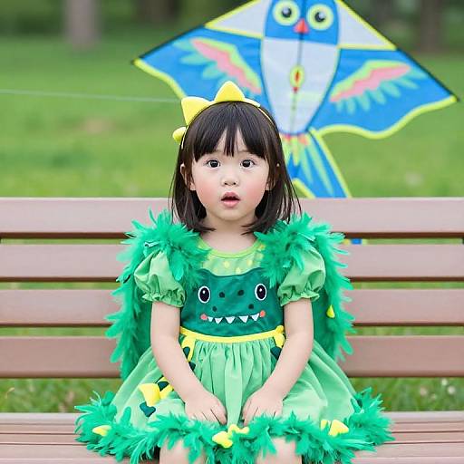 Photograph of an Asian toddler with black hair, wearing a green monster costume with yellow accents, sitting on a wooden bench, with a colorful kite featuring