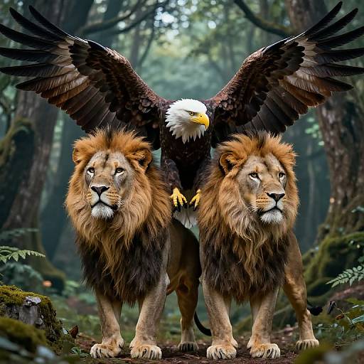 Digital art: A majestic bald eagle with outstretched wings stands between two powerful lions with regal manes in a dense, misty forest.
