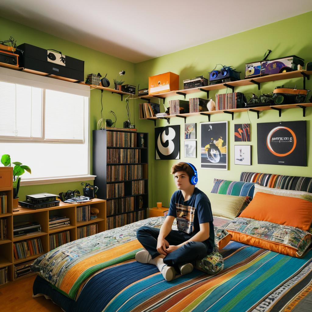 Teenage Boy in Bedroom with Headphones