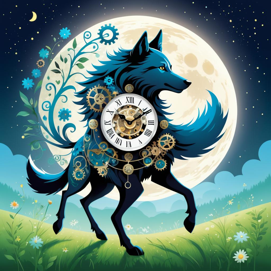 Moonlit Wolf-Clock Hybrid in Motion