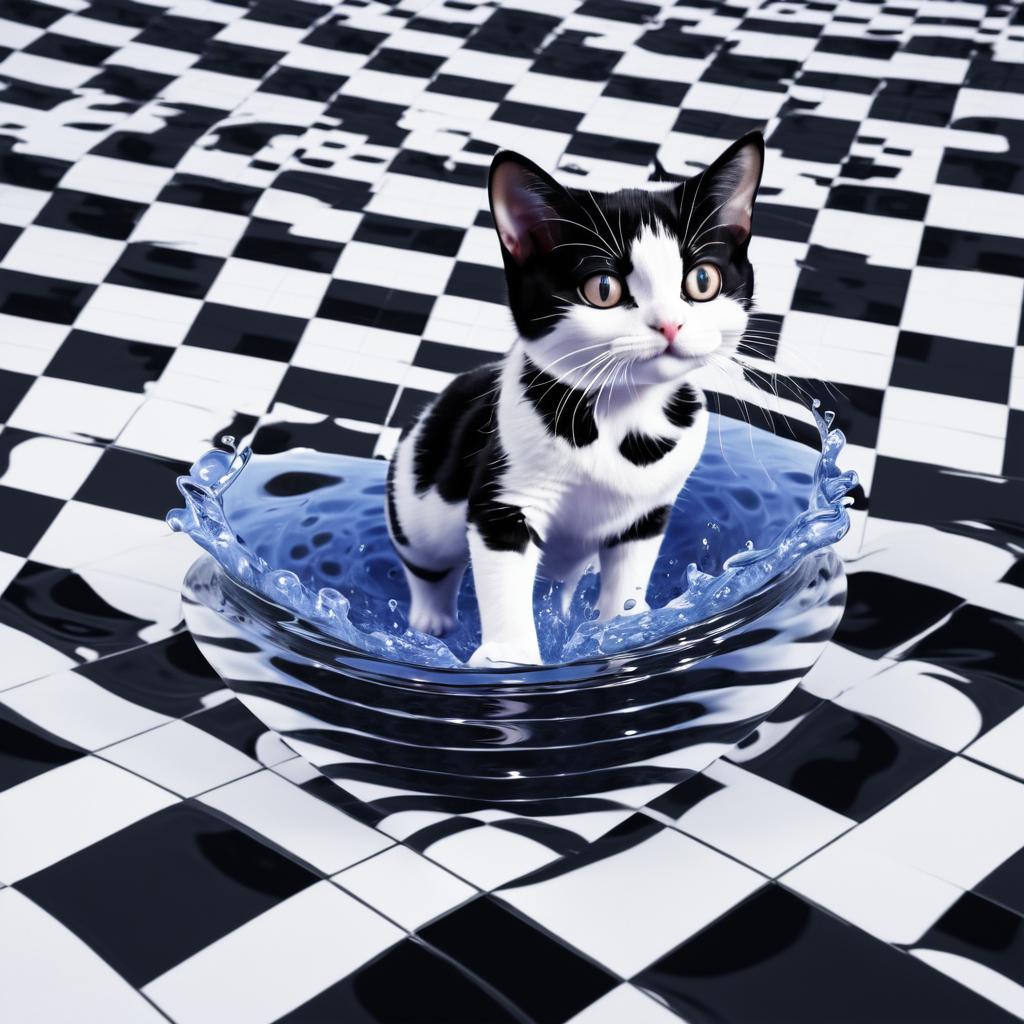 Surreal Checkerboard Cat in Wavy Liquid