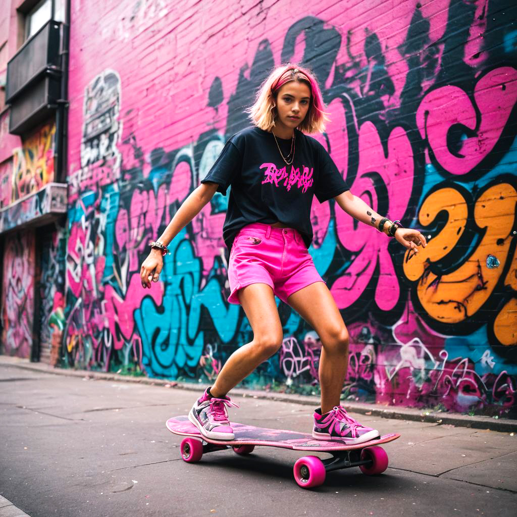 Funky Skateboarder in Neon Hot Pants