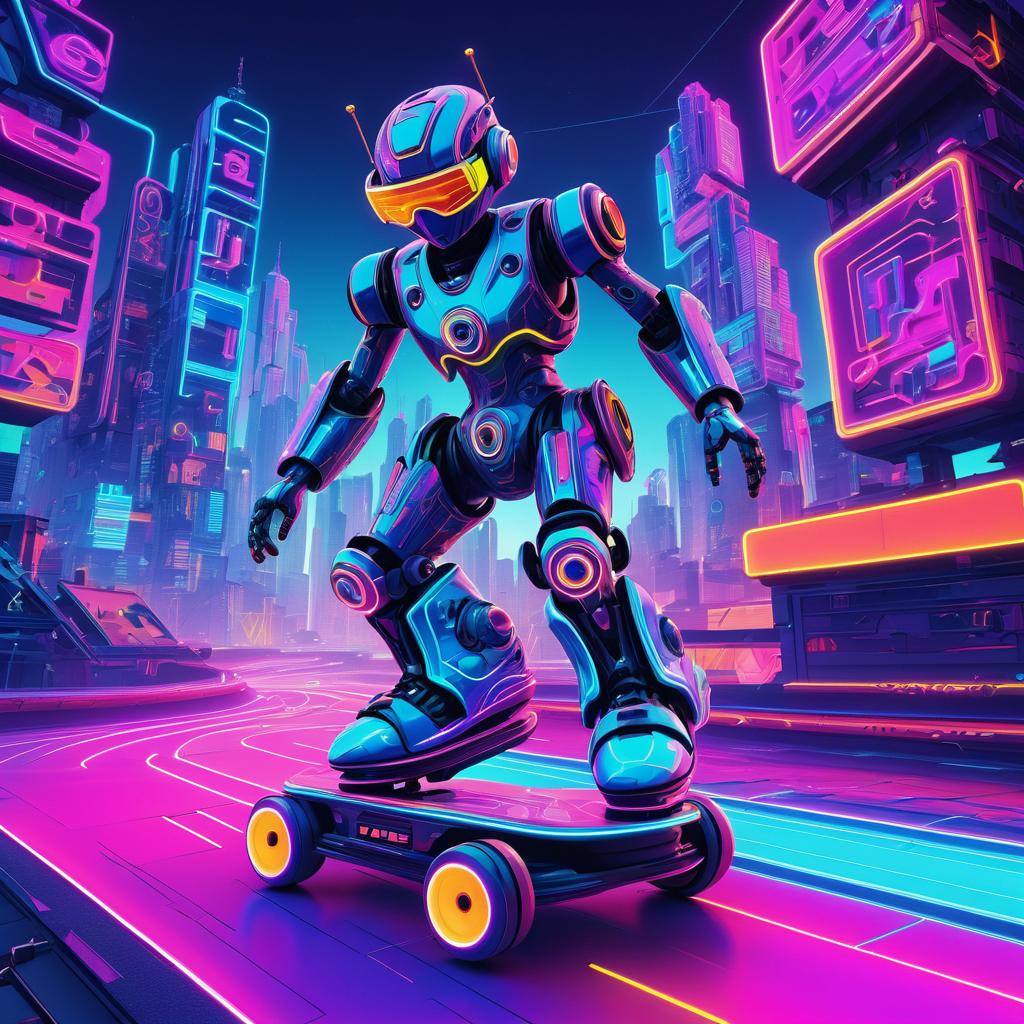 Vibrant Roller-Skating Robot in Cyberpunk