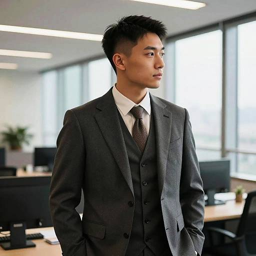 Photograph of an Asian man with short black hair, wearing a dark gray three-piece suit, white shirt, and patterned tie, standing in a