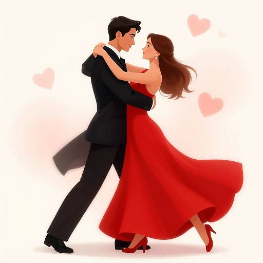 Digital illustration of a couple dancing, a man in a black suit and woman in a flowing red dress, holding each other closely, with pink hearts in