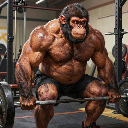 Photorealistic CGI of a muscular anthropomorphic chimpanzee with dark fur, black shorts, squatting in a gym, lifting a heavy barbell.