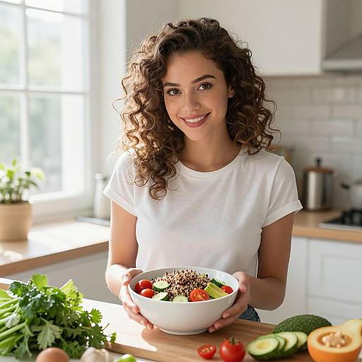 Photograph of a smiling, curly-haired woman in a white t-shirt holding a colorful salad bowl in a bright, sunlit kitchen. Fresh vegetables on