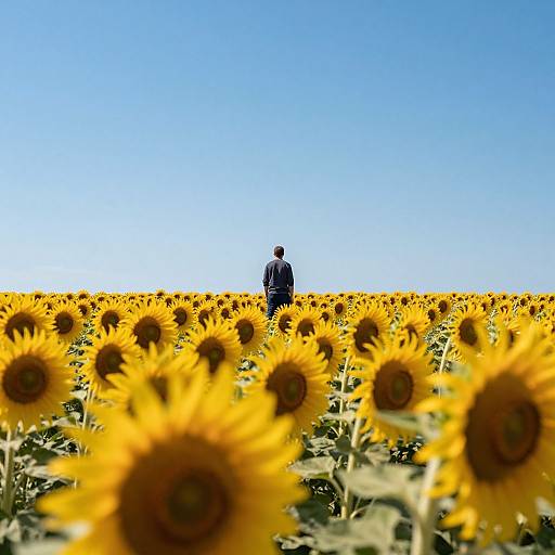 Photograph of a person in a dark blue shirt standing in a vast sunflower field under a clear, bright blue sky.