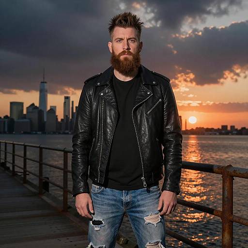 Bearded Man in Leather Jacket on Pier at Sunset
