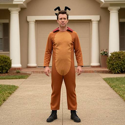 Photograph of a man in an orange Bugs Bunny costume with black bunny ears, standing on a suburban concrete driveway.