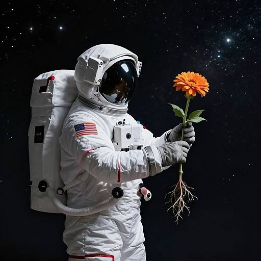Photograph of an astronaut in a white spacesuit holding an orange flower with green leaves and roots, against a starry night sky. American flag patch
