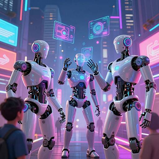 Futuristic Humanoid Robots in Neon City