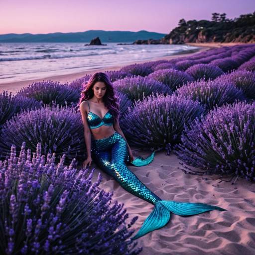 Serene Mermaid Among Lavender Blossoms at Twilight Beach