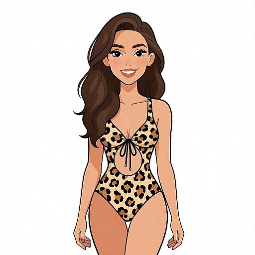 Digital illustration of a smiling woman with long brown hair, wearing a leopard-print one-piece swimsuit with a keyhole neckline. White background.