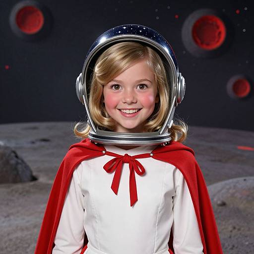 Photograph of a smiling young girl with blonde hair, wearing a silver space helmet, red cape, white dress, and red bow, standing on a