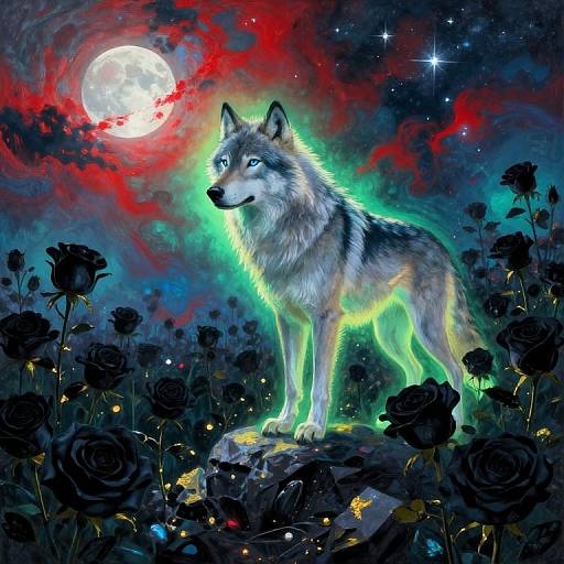 Digital painting of a glowing wolf standing in a field of black roses under a bright full moon and starry night sky with red and green ethereal clouds