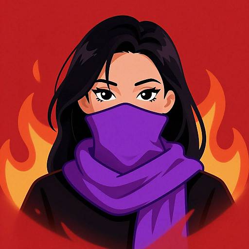 Digital drawing of a mysterious person with black hair, purple scarf, and intense eyes, set against a fiery red background.