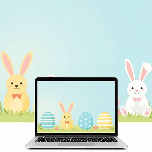 Digital illustration of a laptop screen showing colorful Easter eggs, surrounded by cute, cartoon bunnies on grass against a blue sky.