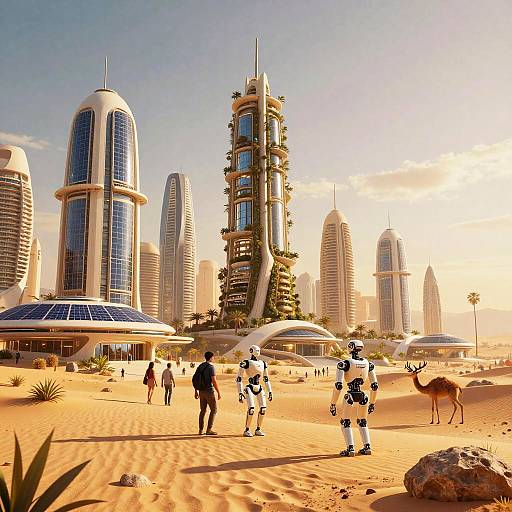 Photograph of futuristic skyscrapers in a sunlit desert, with humanoid robots and a camel, people walking in the foreground.