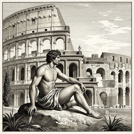 Black and white engraving of a muscular, shirtless man with a toga, sitting in front of the Colosseum, gazing thought