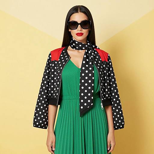 Fashionable Woman in Green Dress and Polka Dot Jacket