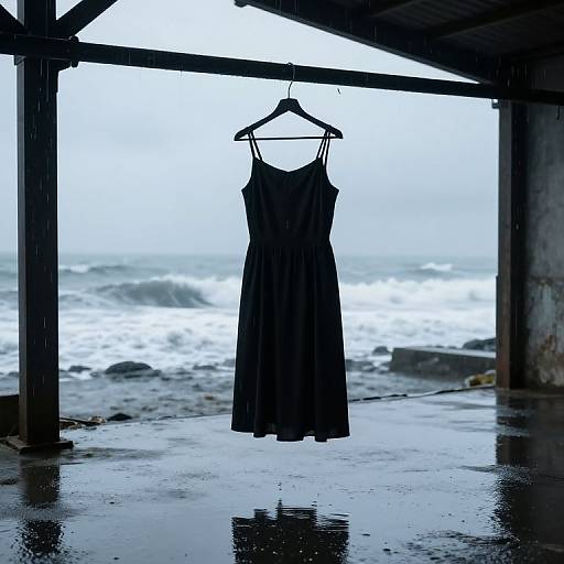 Minimalist Black Dress in Rainy Warehouse