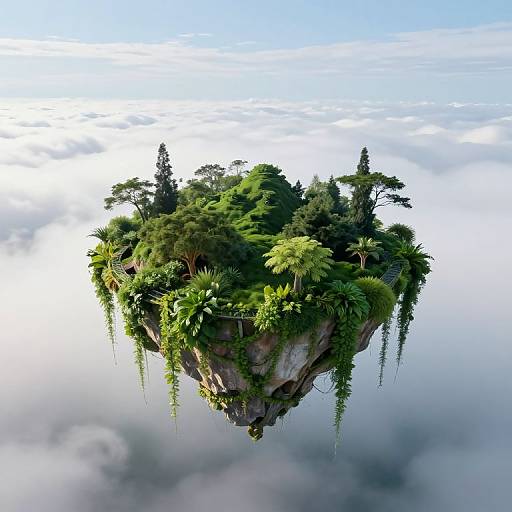 Photorealistic CGI of a lush, floating island with diverse greenery, trees, and vines, surrounded by clouds in a bright, blue sky.