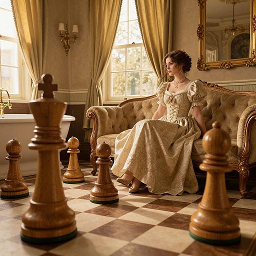 Vintage photograph of a Victorian woman in an ornate cream dress, sitting on a tufted sofa in a sunlit, elegant room with checkered