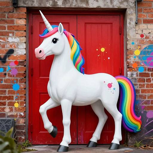 Photograph of a white, rainbow-maned unicorn with a pink nose and horn, standing in front of a red, graffiti-splattered brick door
