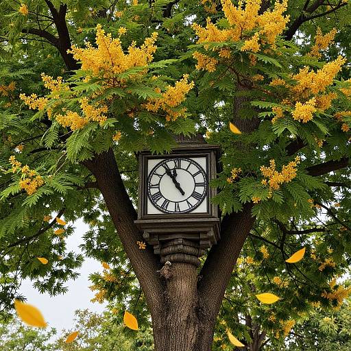 Photograph of a black square clock with white face and black Roman numerals, mounted on a tall tree with vibrant yellow flowers and green leaves, with
