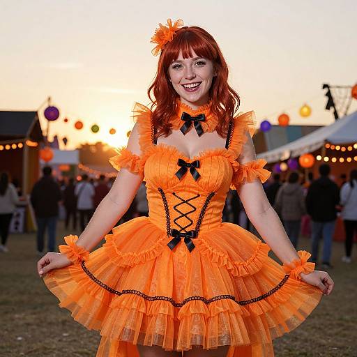 Photograph of a smiling woman with red hair in an orange, ruffled, black-bow Halloween dress, standing outdoors at sunset, surrounded by festive