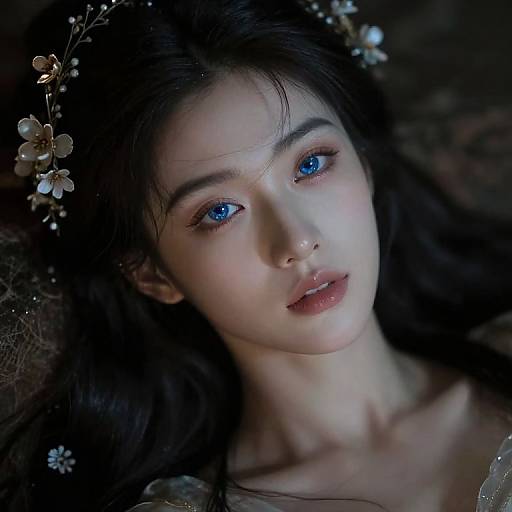 Photograph of a beautiful young woman with striking blue eyes, fair skin, and dark brown hair, wearing a delicate flower crown, lying down in a