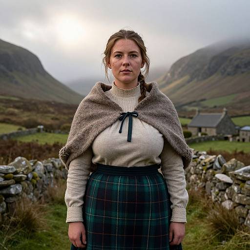 Photograph of a fair-skinned, red-haired woman in a beige sweater, plaid skirt, and woolen cape, standing in a misty