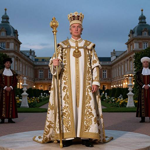 Photograph of an elderly man in elaborate golden and white royal robes and crown, holding a scepter, standing in a grand palace courtyard at dusk.