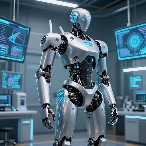 Photorealistic CGI of a futuristic silver humanoid robot with glowing blue eyes and joints, standing in a high-tech lab with multiple blue-lit screens in